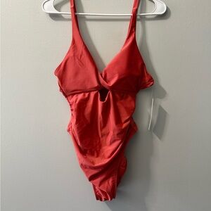 Tahari‎ red one piece swimsuit cut out twist NEW